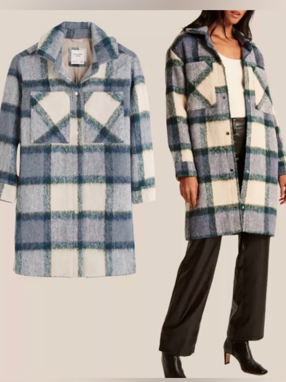Abercrombie & Fitch Blue and Cream Plaid Teddy Coat